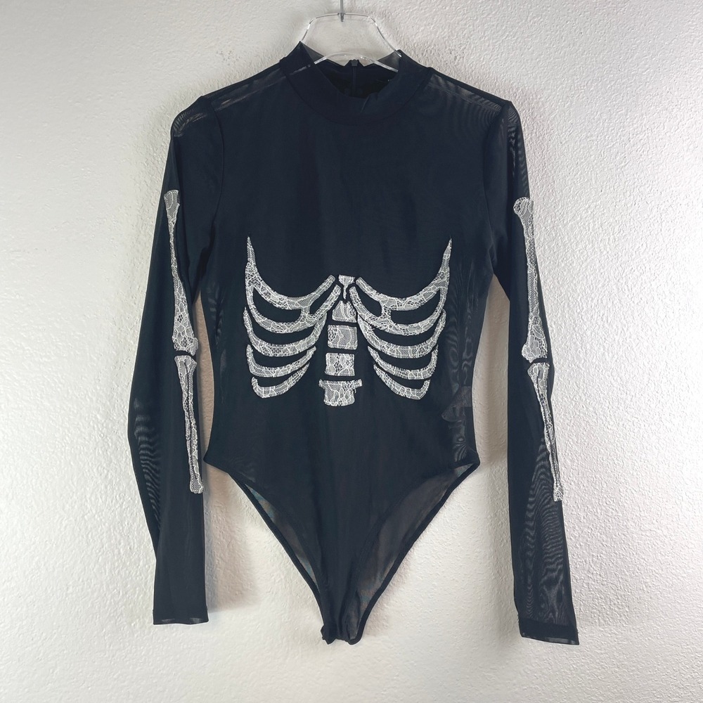 Forever 21 Skeleton Lace Mesh Bodysuit Size Large Black White Goth Grunge Spooky